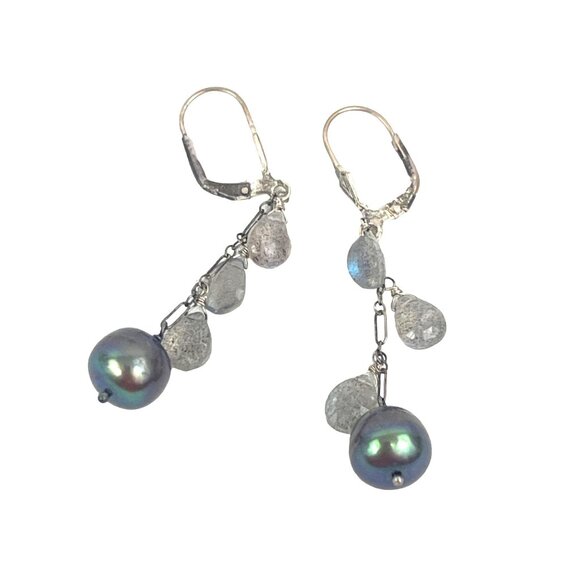 Sterling Silver Drop Earrings With Olive Grey Black Pearls and Labradorite Stone - Picture 8 of 9
